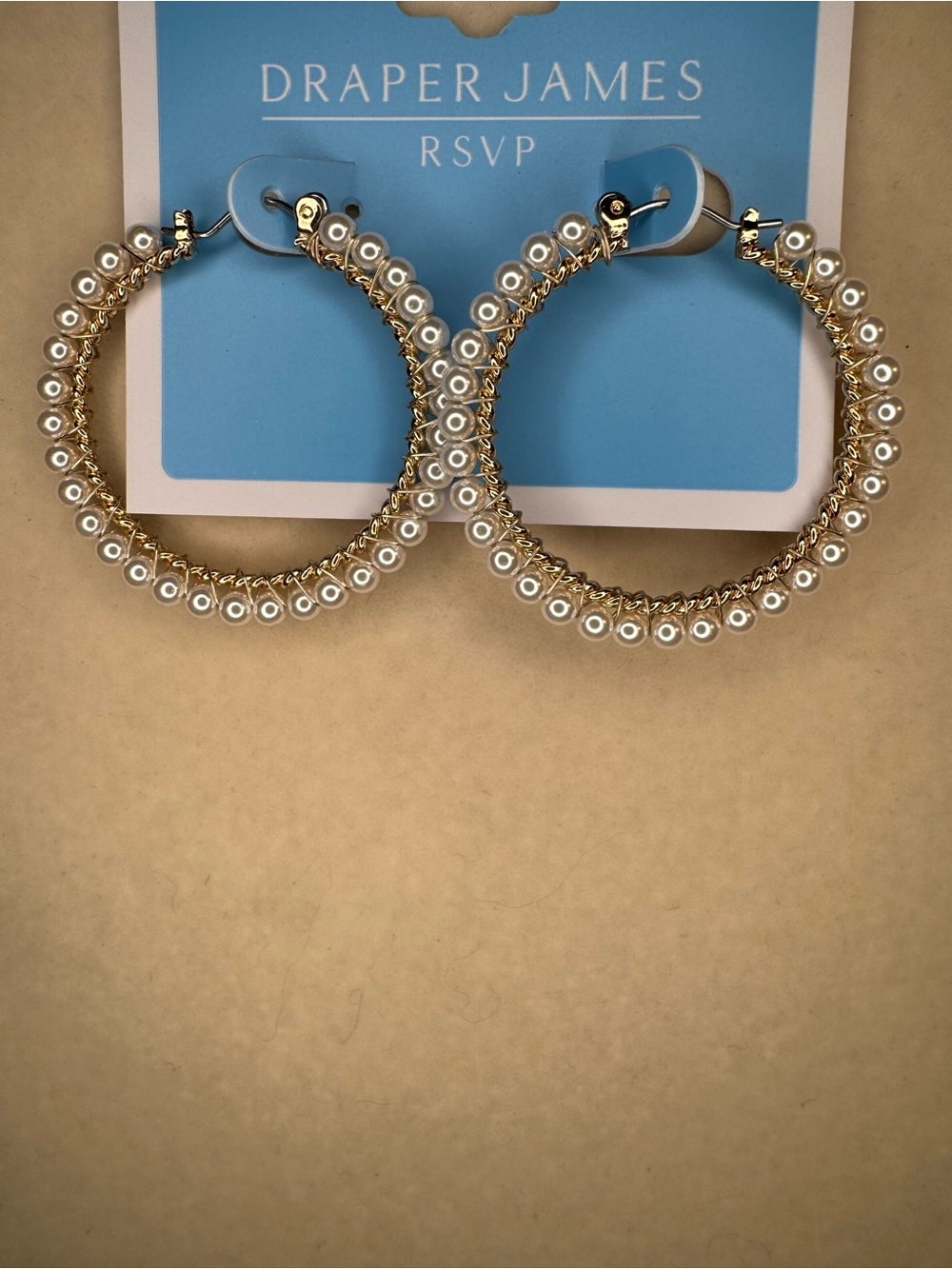 New Draper James Gold Hoop Earrings with White Pearl Accents